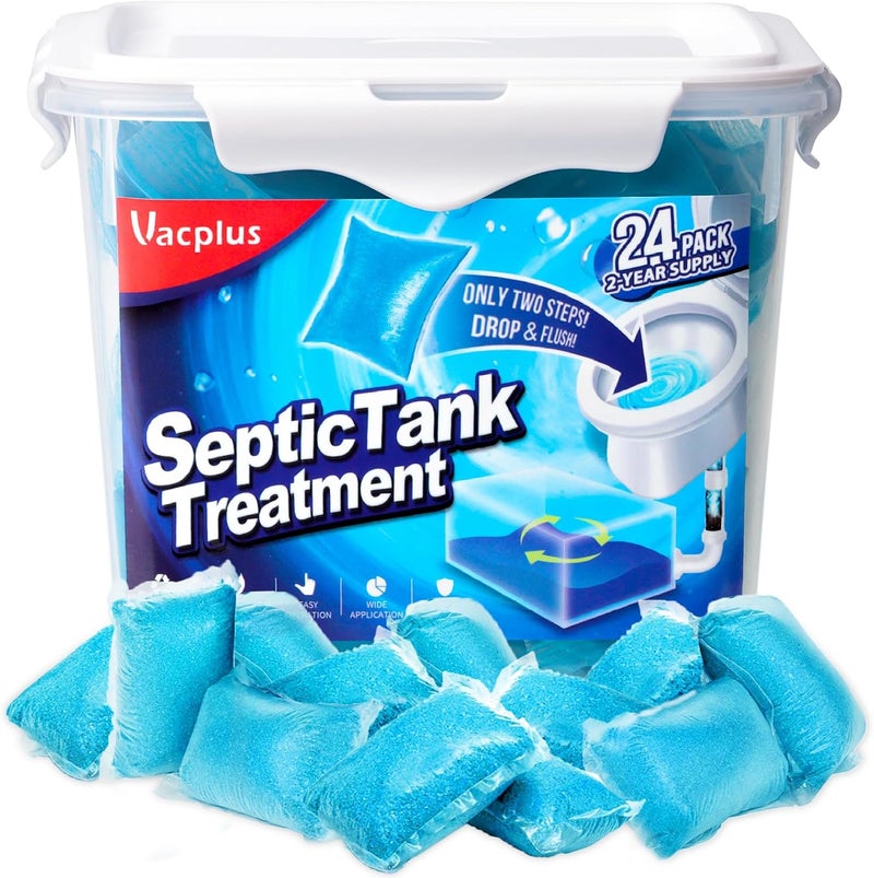 Vacplus Septic Tank Treatment - 24 Packs for 2-Year Supply, Bucket-Packed Septic Tank Treatment Packets, Dissolvable & Flushable Septic Tank Treatment Enzymes with Easy Operation for Wastes & Odors - Image 1